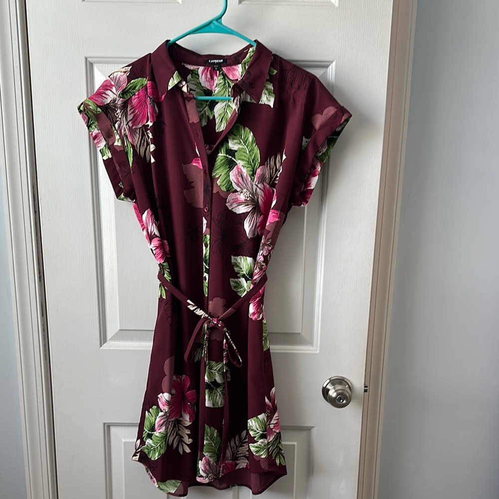 Express Red and Green Wrap Sundress with Mandarin Collar